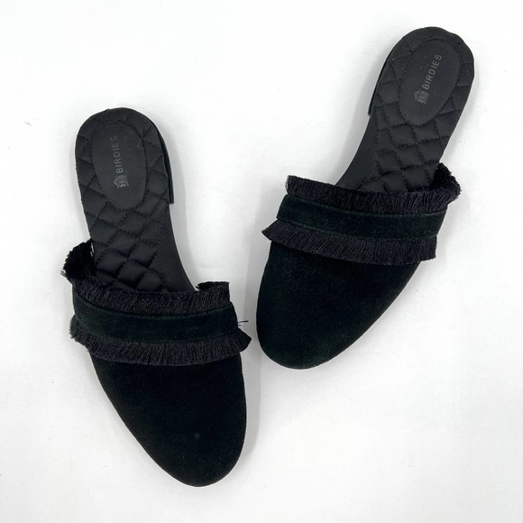 Birdies Shoes - BIRDIES Shoes Womens 7 Black Ani Suede Fringe Loafer Mule Slip on